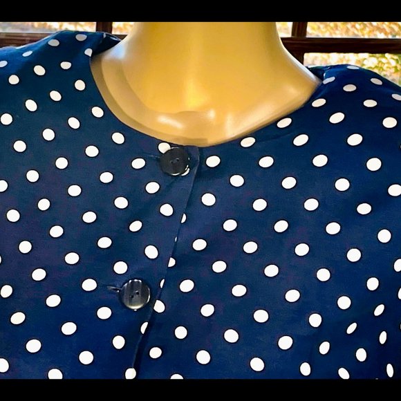 ▪️VTG▪️CHAUS▪️1980's Retro Navy & White Polka Dot Belted Pin-Up Shirt Dress - Picture 3 of 8